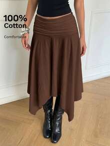 Aloruh Falda midi plisada con bajo asimétrico, nueva de primavera/verano, 100% algodón, conjunto retro Y2K - Marrón - Ver 5