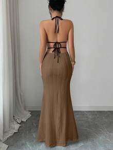 SHEIN Raffinéa 女士纹理紧身吊带连衣裙，性感度假/约会之夜装扮，黑色滚边，春夏款 - 卡其色 - 查看 2