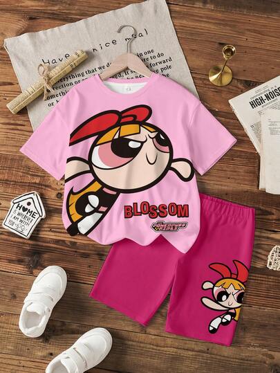 THE POWERPUFF GIRLS X SHEIN Conjunto informal de camiseta de manga corta con estampado de dibujos animados y pantalones cortos para niña joven