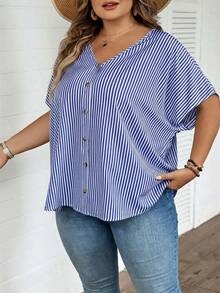 SHEIN CURVE+ Plus Size Summer Casual Striped Batwing Sleeve Shirt - Blue - View 6