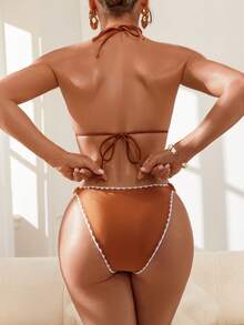 Swim DD+ Bộ bikini gợi cảm buộc dây cổ, thêu hình vỏ sò, thích hợp cho nữ mùa hè đi biển. - màu nâu - Xem 3