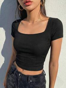 DAZY 女款素色方領短袖螺紋休閒T恤 Y2k 夏季短版上衣 - 黑色 - 查看 5