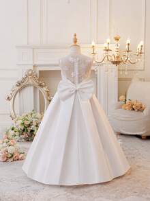 Glamorique Kids Đầm công chúa ren hoa cho bé gái, đầm bé gái dự đám cưới thắt nơ, đầm phù dâu voan bồng bềnh. - trắng - Xem 7