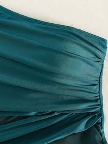 Swim Oasis 女士纯色褶皱连体泳衣，配花卉图案罩衫和裙子，度假必备 - 水鴨藍 - 查看 4