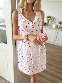 SHEIN Áo ngủ không tay nữ 100% cotton màu trắng in họa tiết trái tim, kiểu dáng lãng mạn và tươi mát. - Nhiều màu - Xem 5