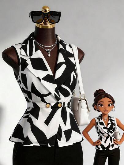 Endroma 女士西装领印花背心，腰带装饰，适合外出、节日、下午茶、居家、通勤等场合。