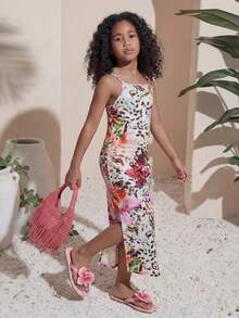 SHEIN 少女度假休闲豹纹印花开衩吊带连衣裙 - 彩色 - 查看 5