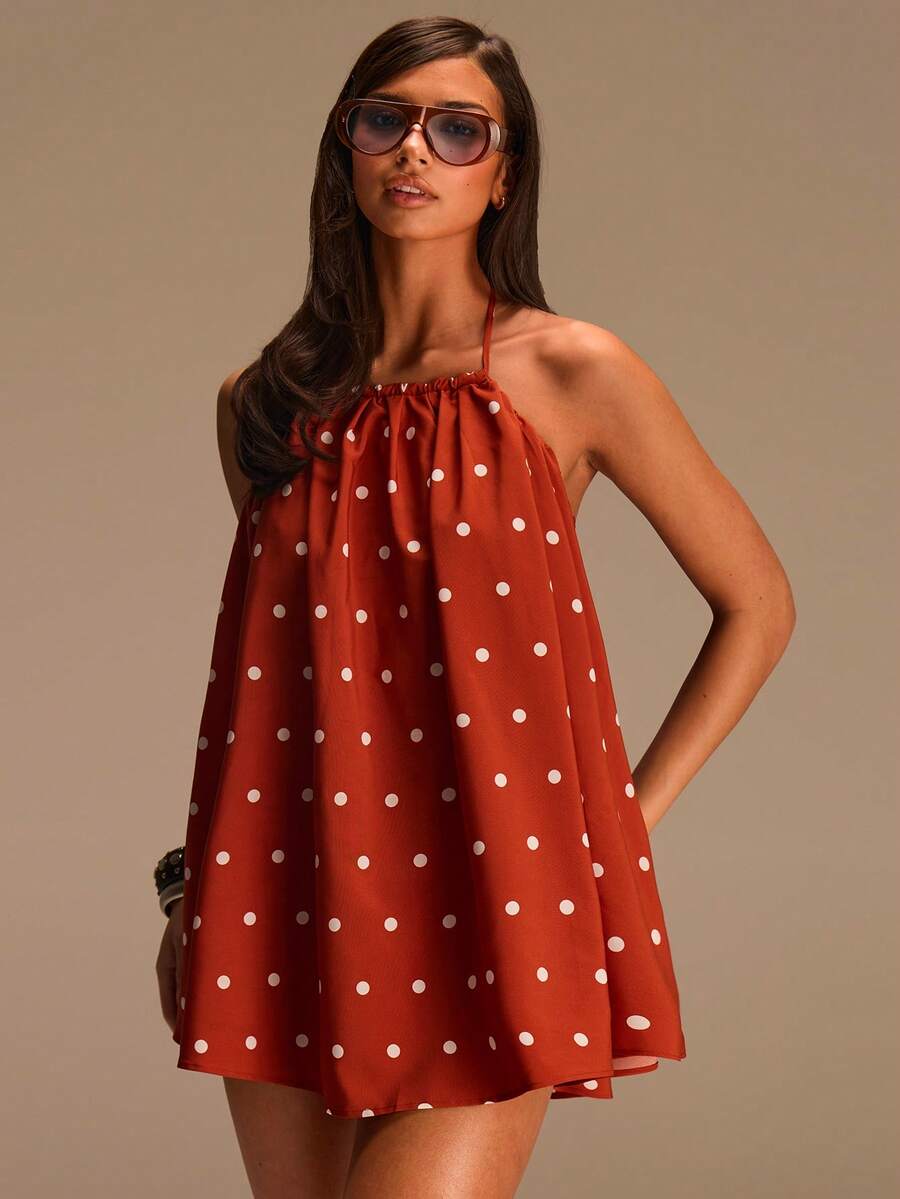 Athîral 女士波点印花露背吊带连体裤，夏季时尚 - 黃色 - 查看 1