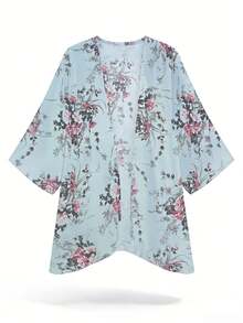SHEIN Swim Vcay 女士简约时尚和服式罩衫，适合夏季 - 淺藍色 - 查看 6