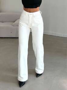 SHEIN Plus High Waist Casual Straight Jean - White - View 6