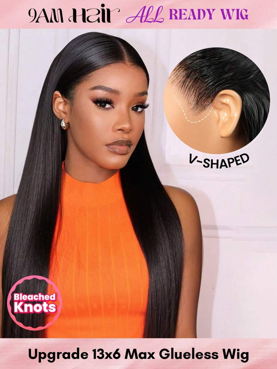 ALL READY WIG 13x6 直发 Flexfit 抽绳假发适合所有头型前部假发真人发 180% 密度漂白结头无胶真人发假发自然黑色女士 - Natural Black - 查看 1
