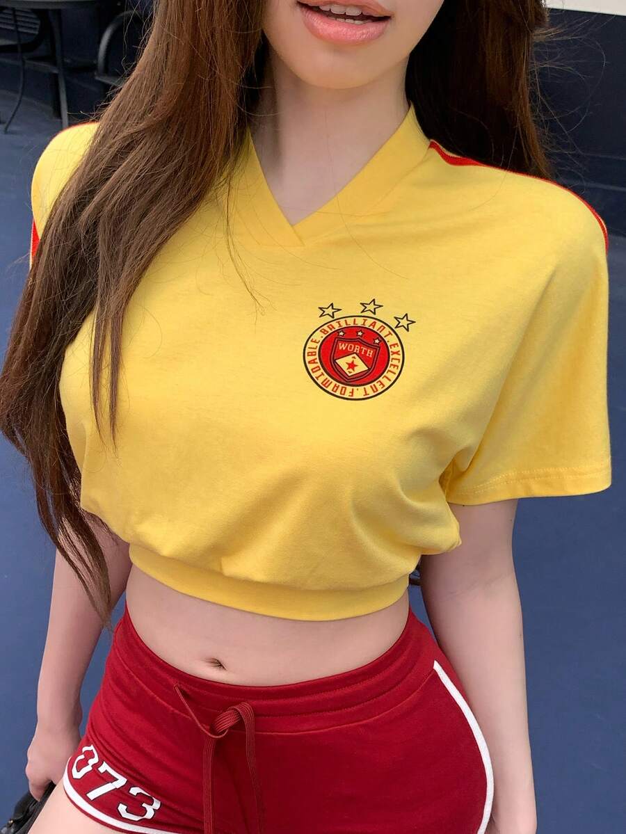 DAZY 春夏休闲星形印花短款黄色T恤，运动衫，音乐节，街头风，度假，女款抽绳腰短袖T恤 - 黃色 - 查看 1