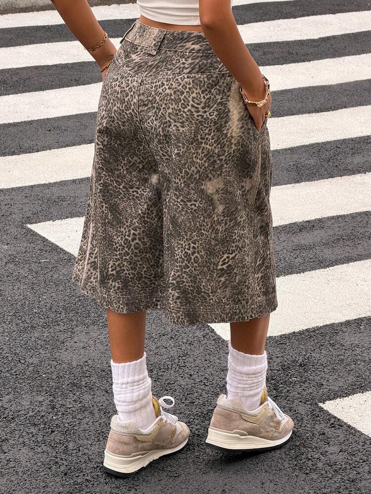 Brown Leopard Print Wide Leg Denim Shorts, Casual For Music Festival, Valentine's Day, Street Wear, Spring & Summer