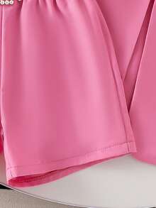 SHEIN Elladie kids 女童三件套正式套装：粉色蝴蝶结串珠西装外套、针织吊带背心、珍珠装饰短裤，优雅夏季休闲/度假装 - 粉色 - 查看 6