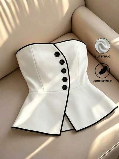 Franclia 女士新款不对称单排扣露脐上衣，收腰设计，黑白撞色