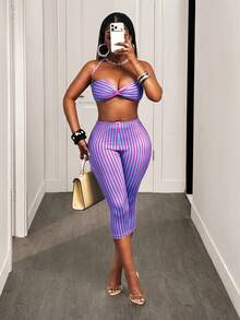 BamGleam 夏季欧美风休闲运动健身彩色条纹印花女式七分裤 - 彩色 - 查看 1