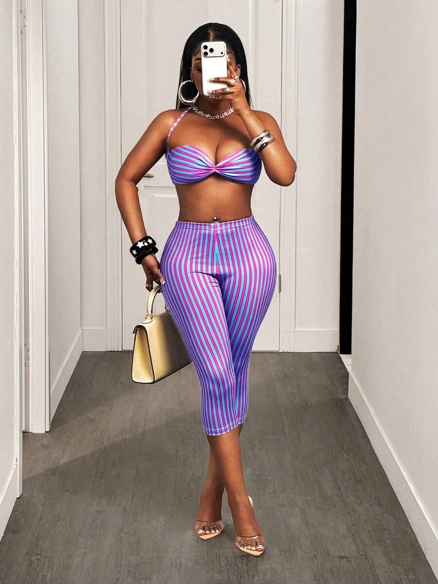 BamGleam 夏季欧美风休闲运动健身彩色条纹印花女式七分裤 - 彩色 - 查看 1