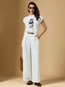 Briarwyn Áo thun nữ cổ tròn họa tiết hoạt hình, kiểu dáng thường ngày, đa năng, thích hợp mặc hàng ngày. - trắng - Xem 4