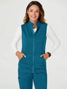 TaskEZ Solid Color Stand Collar Zip-Up Sleeveless Scrub Uniform Jacket - Mint Green - View 1