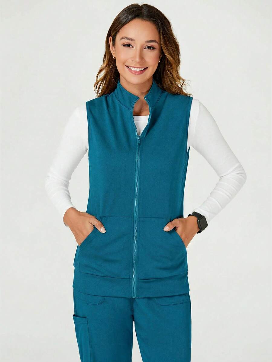 TaskEZ Solid Color Stand Collar Zip-Up Sleeveless Scrub Uniform Jacket - Mint Green - View 1
