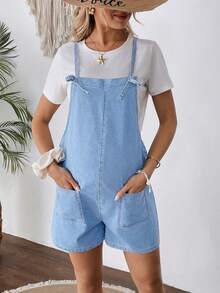 SHEIN Quần yếm denim màu xanh dương dành cho bà bầu - Rửa nhẹ - Xem 6