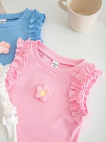 Emery Rose Kids 3pcs Young Girl Knitted Solid Color 3D Floral Ruffle Trim Casual Vest Set - Multicolor - View 8