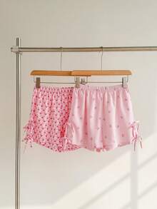 SHEIN Women's Sweet INS Bow Striped & Heart Plaid Print Side Slit Tie Bow 2 Pieces Pajama Bottoms - Multicolor - View 3