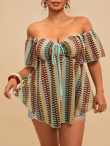 SHEIN VCAY Vintage Plus Size Light Blue Summer Boho Beach Jacquard Striped Off-Shoulder Drawstring Colorful Women Blouse Shirt Swimsuit Bathing Suit Cover Up - Multicolor - View 1