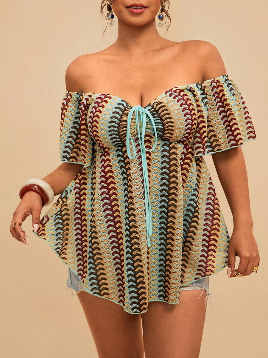 SHEIN VCAY Vintage Plus Size Light Blue Summer Boho Beach Jacquard Striped Off-Shoulder Drawstring Colorful Women Blouse Shirt Swimsuit Bathing Suit Cover Up - Multicolor - View 1