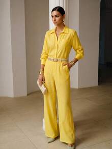 ZEYLAH LINEN POCKET SHIRT AND PANTS FOR COMMUTING - Yellow - View 5