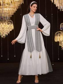 Al Najma 女士优雅缎带拼接网眼下摆喇叭袖阿拉伯风格连衣裙 - 白色 - 查看 9