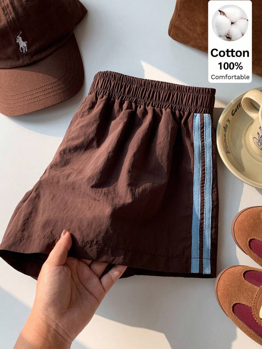 Comfortcana 女士弹力腰带条纹宽松短裤，适合夏季、冬季、圣诞节、Y2K新年休闲外出、运动短裤、Y2K棕色短裤 - 棕色 - 查看 1