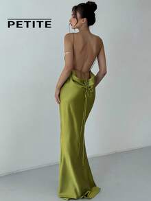 SHEIN Aloruh Petite 娇小款女士夏季新款橄榄绿缎面优雅性感派对晚宴婚礼浪漫约会露背系带无袖鱼尾长裙 - 橄欖綠 - 查看 2