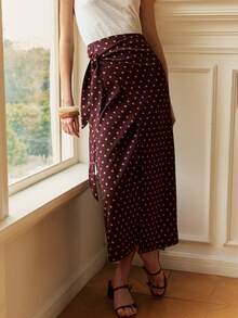 Écloséra Chân váy chữ A thắt eo chấm bi màu nâu thanh lịch dành cho nữ, thích hợp cho công sở, mùa xuân/hè. - màu nâu - Xem 5