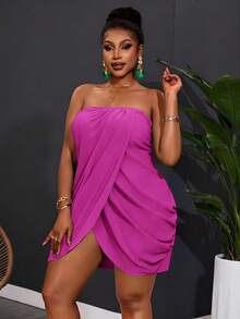 Slaydiva Gaun Mini Bodycon Tanpa Tali Berwarna Hijau Bertekstur untuk Wanita Ukuran Plus, Cocok untuk Liburan, Seksi, Pantai, Pesta - Purple - View 1