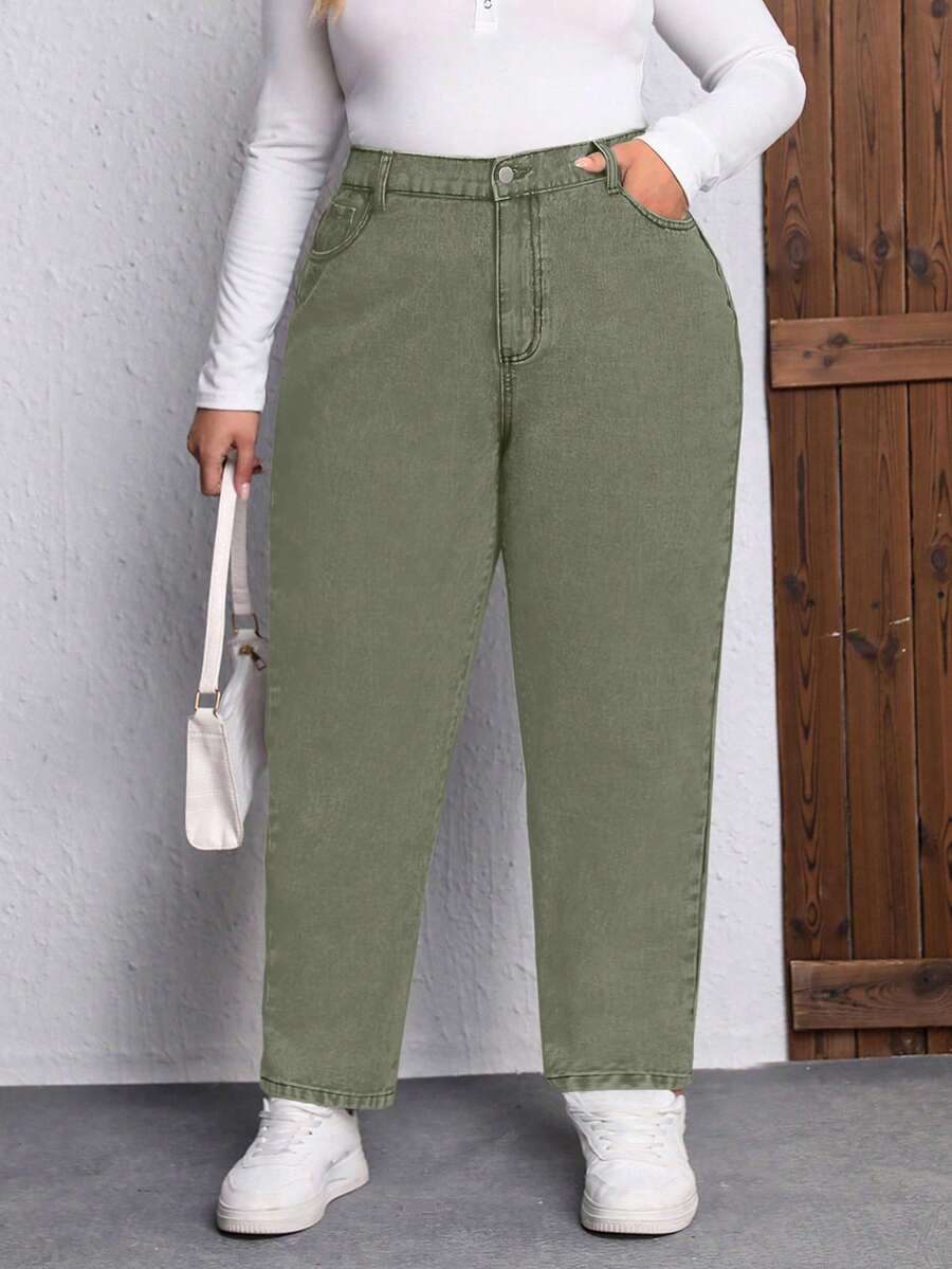 EMERY ROSE Plus Size Solid Color Slant Pocket Slim Fit Casual Non-Stretch Tapered Jeans - Army Green - View 1
