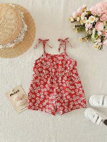 SHEIN 新生女宝宝可爱夏季碎花连体衣 - 紅色 - 查看 3