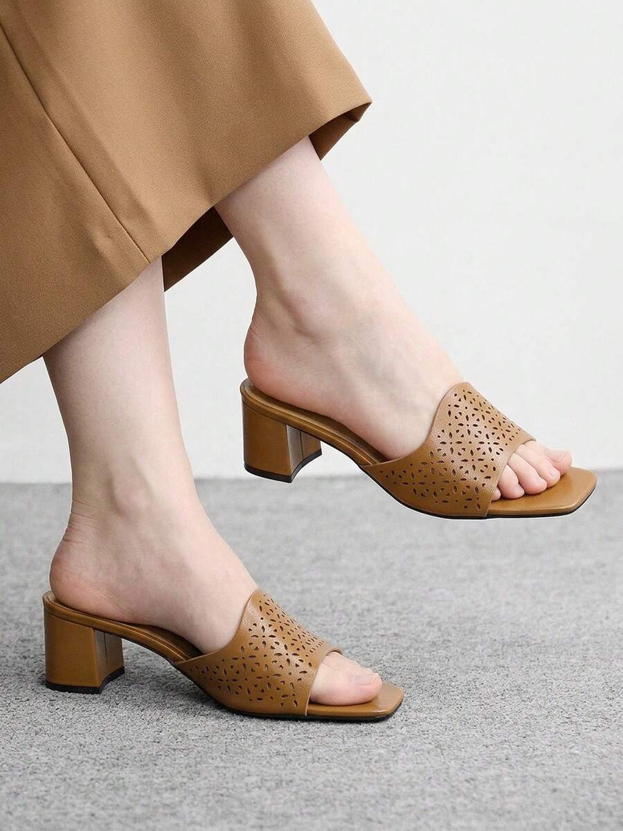 CUCCOO BIZCHIC Ladies Brown Hollow Upper High Heel Sandals, Square Toe Comfort High Heel Sandals Commuter Style Sandals Summer Shoes - Brown - View 1