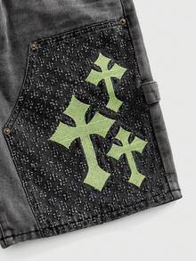 ROMWE MEN Street Life Men's Cross Embroidery Pattern Cargo Denim Shorts - Black - View 2