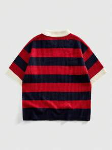 ROMWE MEN Prep Kemeja Polo Rajut Jacquard Bergaris Pria - Merah - View 3