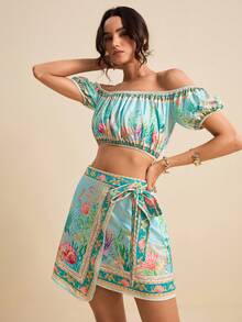 LOTSLUV Women's Spring/Summer Vacation Green Ocean Turtle, Seaweed, Conch Placement Print Off-Shoulder Cropped Top And Wrap Midi Skirt 2-Piece Set, 2 Piece Set, Beach Outfits For Women, Vacation Outfit, Summer Outfits, Tropical Print Set, Puerto Rico Vacation Outfits 2 Piece, Festival Outfits Women Two Piece, Beach Sunbathing Outfit - Blue - View 6
