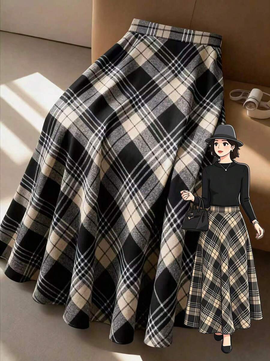 SHEIN Clasi Plus Size Elegant Plaid A-Line Skirt With Side Pockets - Multicolor - View 1
