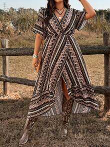 Breezaya Plus Size Women Bohemian Style Beach Gym Vacation V-Neck Short Sleeve A-Line Ruffle Hem Maxi Casual Dress Brown Summer - Multicolor - View 6