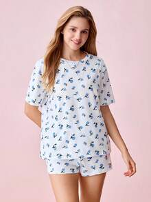 Bonmuse Conjunto de Pijama com Camiseta e Shorts Estampa Floral / Conjunto de Pijama para o Verão - Azul - Visão 3