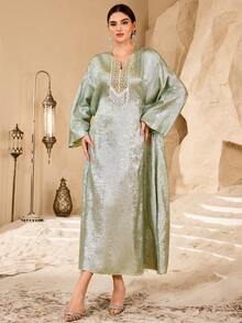 Al Najma Bata larga elegante y holgada con bordados brillantes y cuentas para mujer, ideal para banquetes - Verde - Ver 5