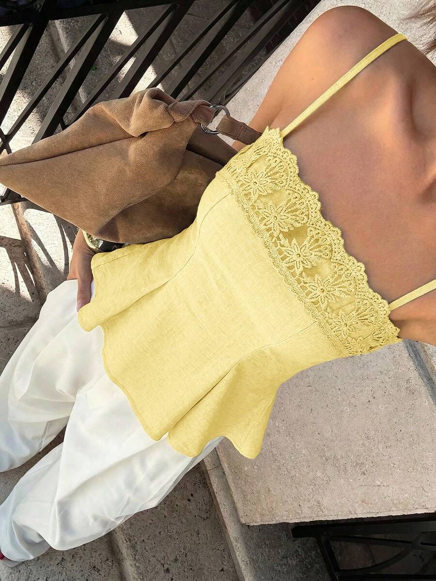 Siren Gaze 女士纯色褶皱休闲百搭约会之夜吊带背心 - 黃色 - 查看 1