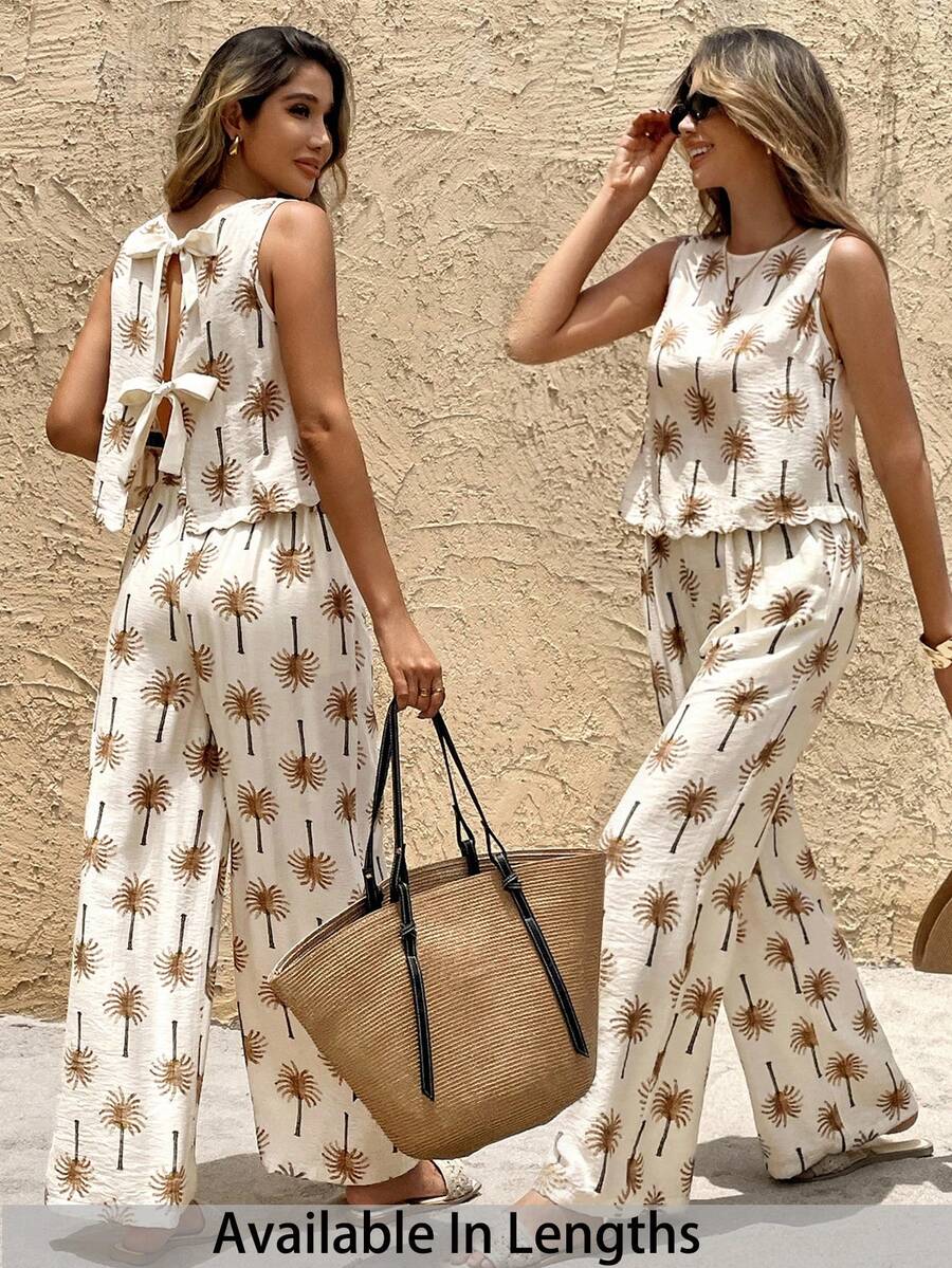 SHEIN PETITE CURVE Bộ đồ 2 mảnh dành cho nữ cỡ lớn, áo không tay và quần, trang phục thường ngày thời trang mùa hè. - Màu be - Xem 1