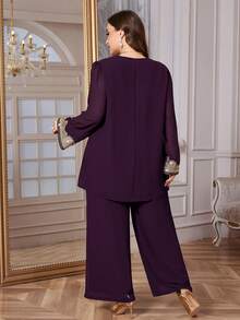 Reflora Plus Size Women's 2 Pieces Set, Elegant Purple Rhinestone Decorated 2 Pieces Outfit For Gatherings, Autumn/Winter - Purple - View 2