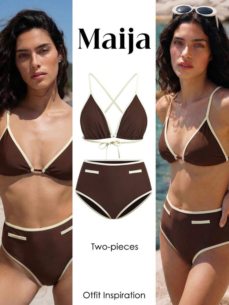 SHEIN Maija 2pcs Coffee Color Spaghetti Strap Bikini Set, Sexy Shorts Swimwear For Women Summer Beach Vacation Bathing Suit