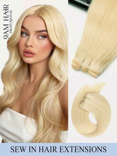 Sew In Hair Extensions Real Human Hair 12-22 Inch Weft Extensions Color 60 Platinum Blonde Double Weft Straight Human Hair 50g Hair Weft Bundles Straight Silky Hair For Party & Wedding & Daily